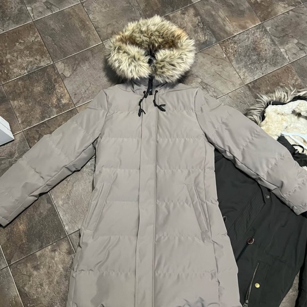 TNA Beige Puffer Jacket with Faux Fur Hood